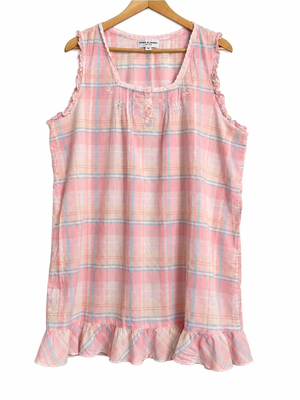 Miss Elaine Pink Plaid Cotton Sleeveless Nightgown Ruffle Hem Women’s 2X